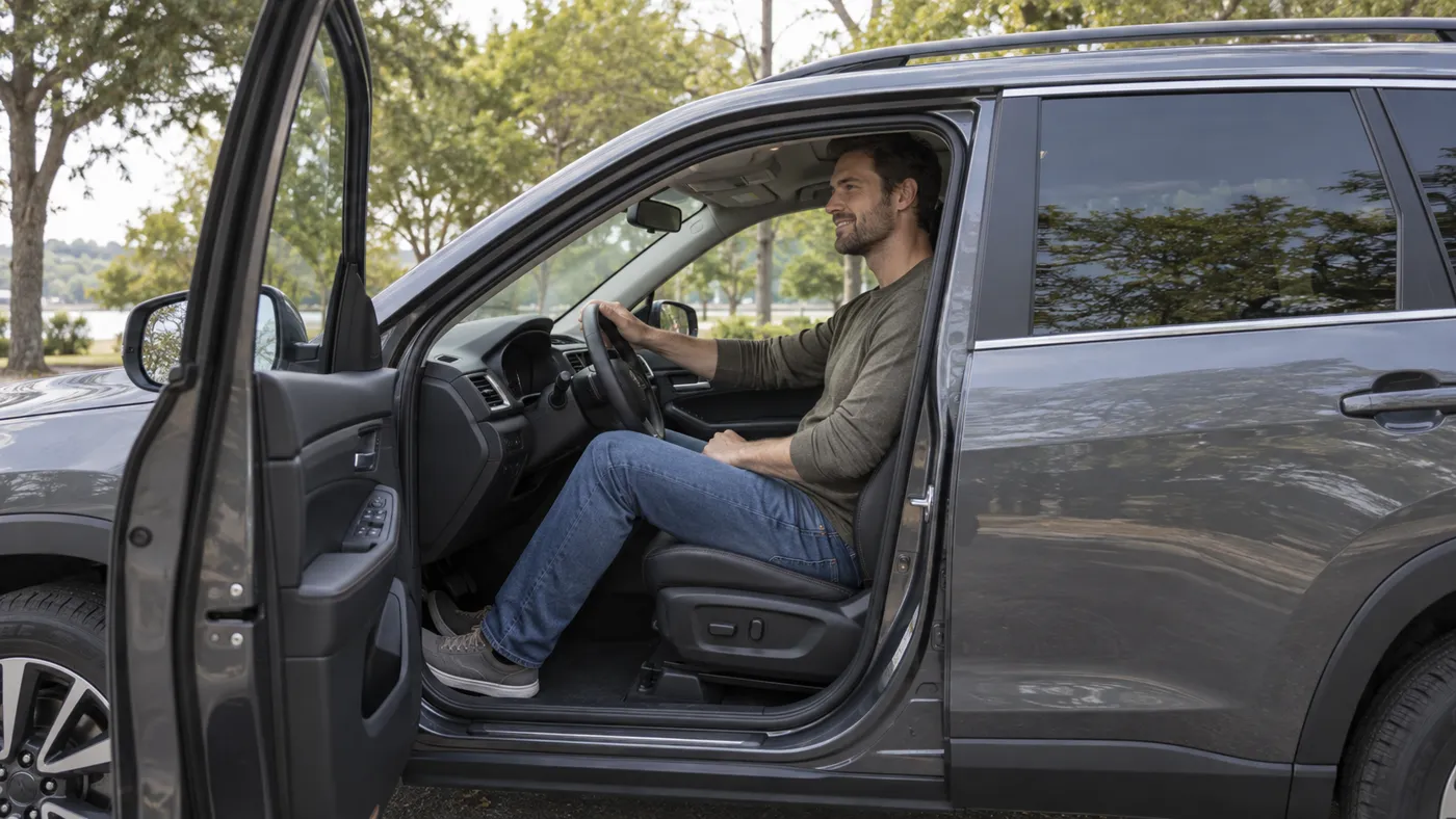 Illustrative view of a driver checking seating position in a generic compact SUV