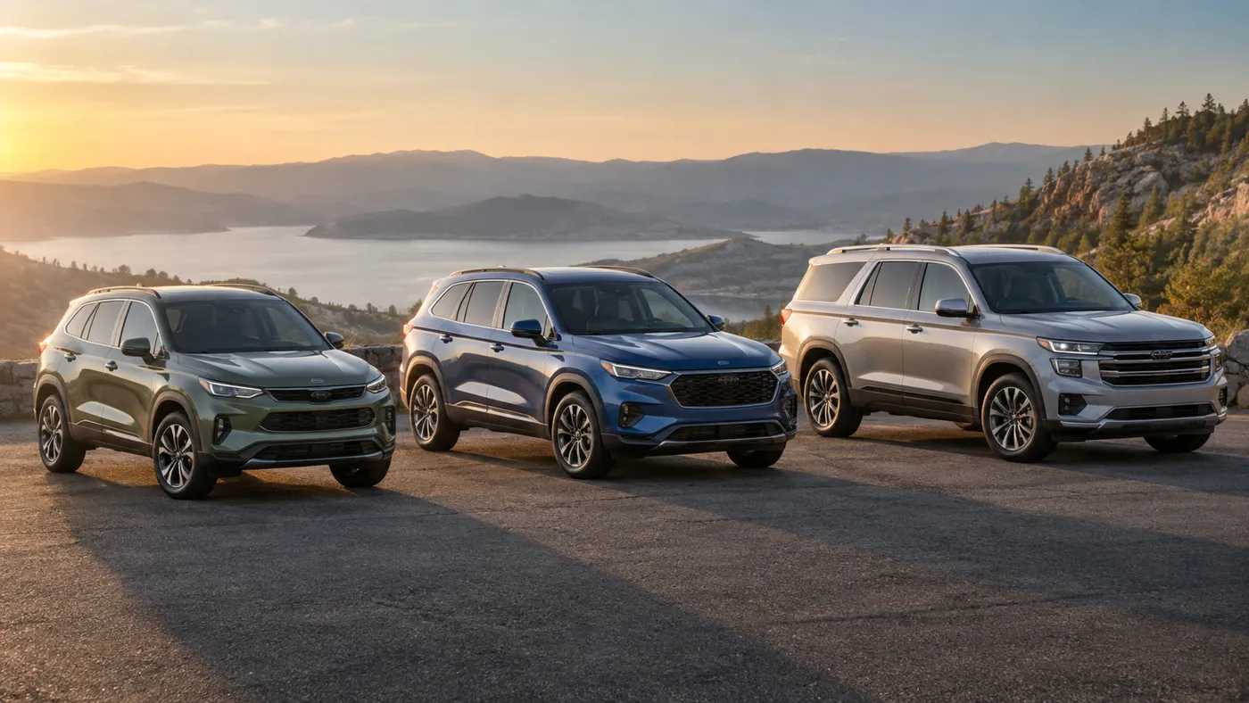 Illustrative lineup of three generic SUV sizes at a roadside overlook
