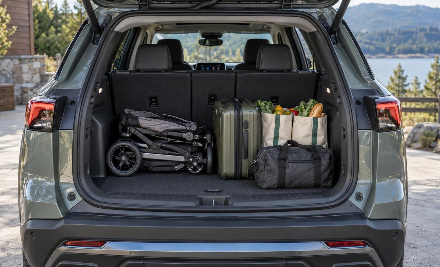 Chevrolet Equinox-style cargo area with rear seats upright and family luggage