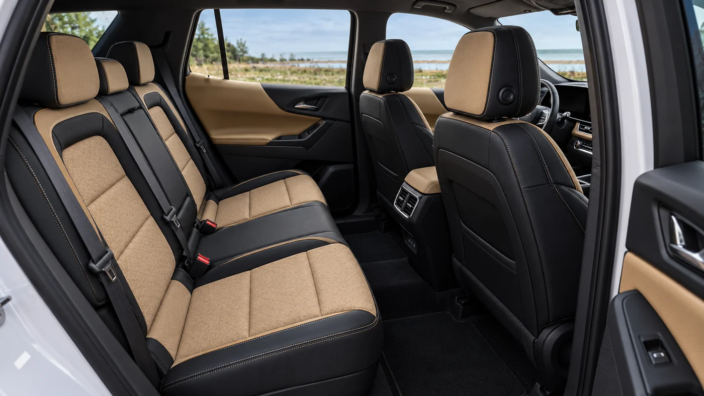 AI illustration of an unoccupied gasoline Equinox rear bench in an ACTIV-style black and tan cabin