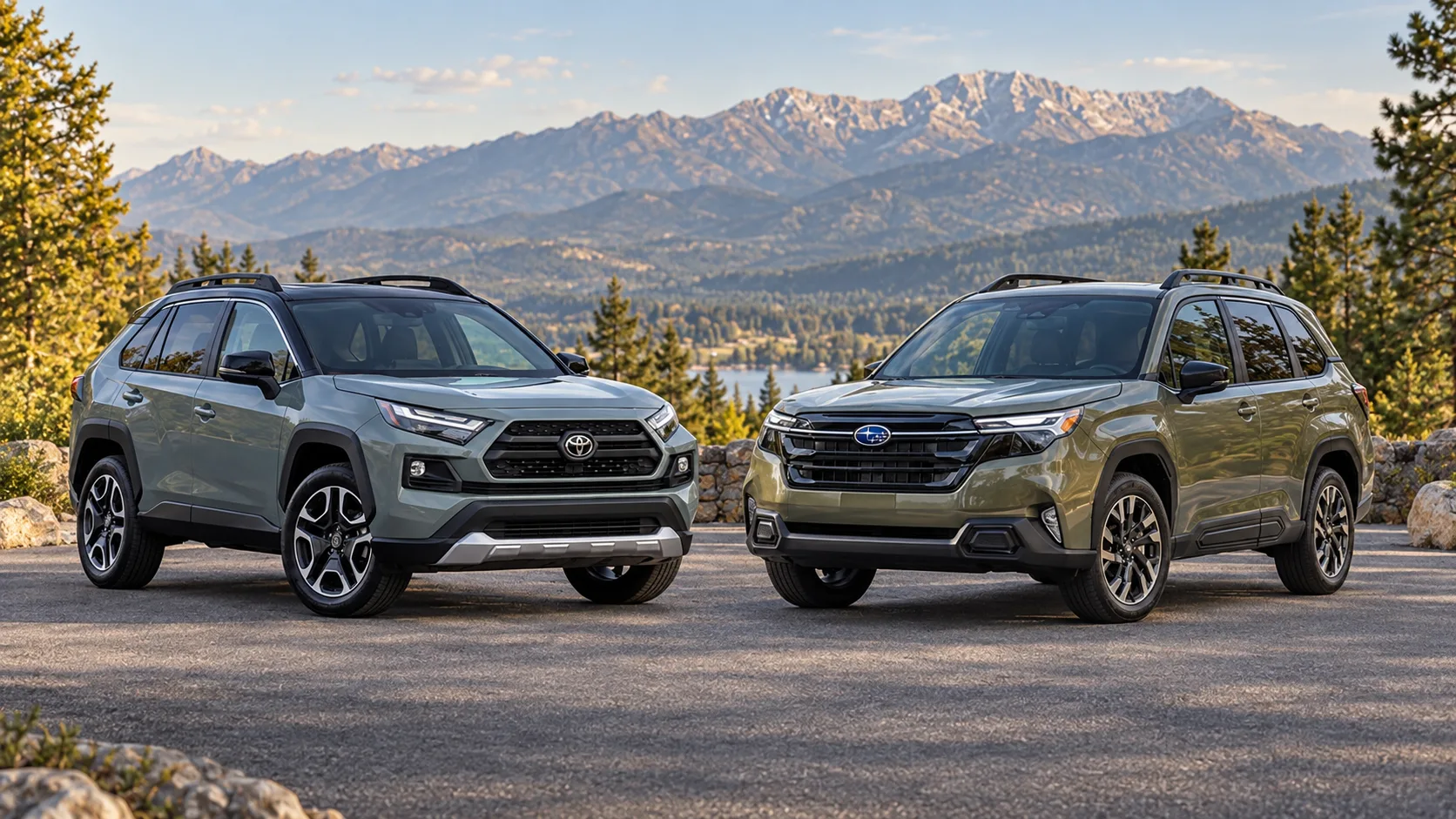 Illustration of Toyota and Subaru SUVs parked side by side