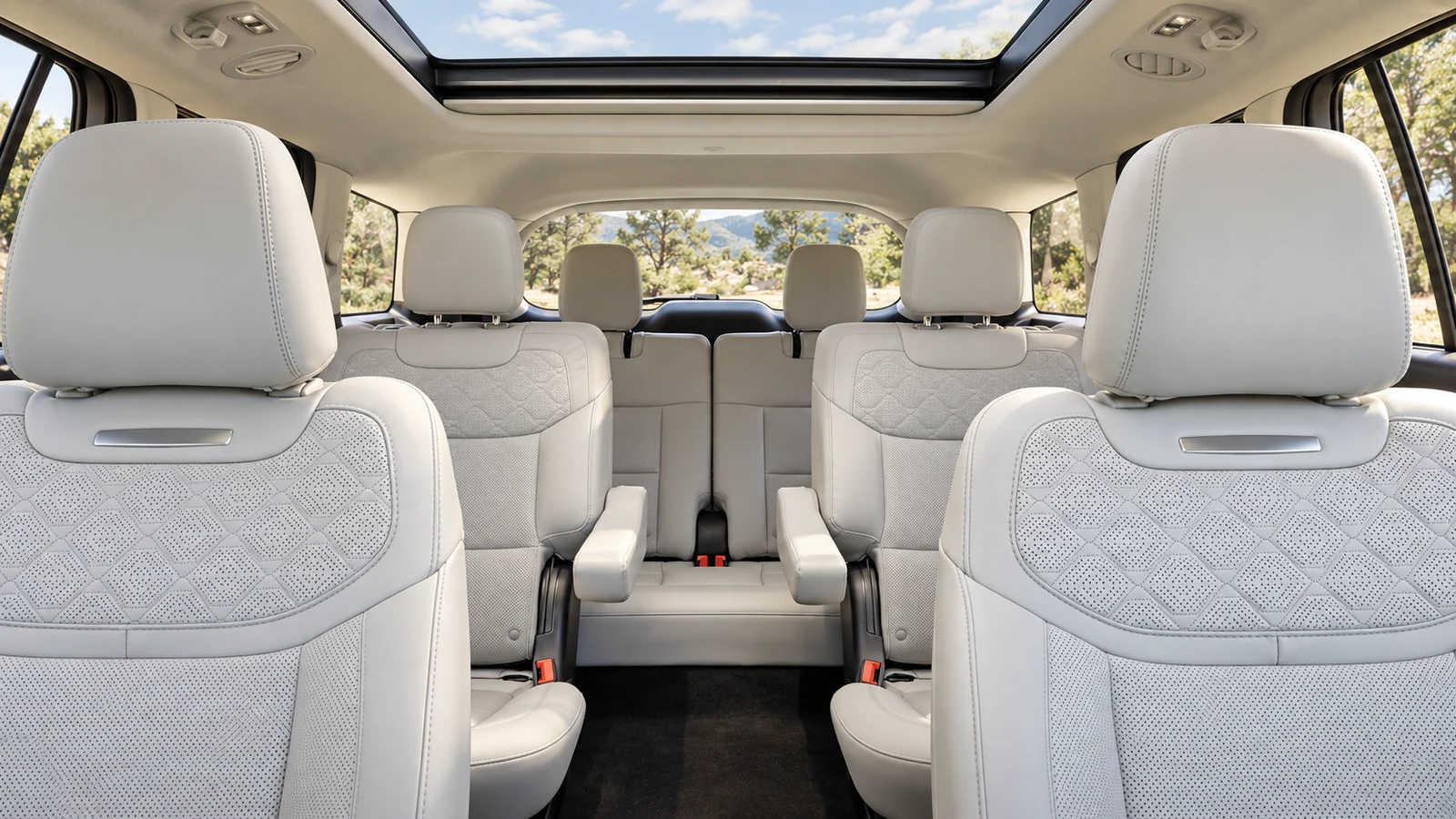 AI-generated editorial illustration of a light-colored 2026 Ford Explorer three-row cabin