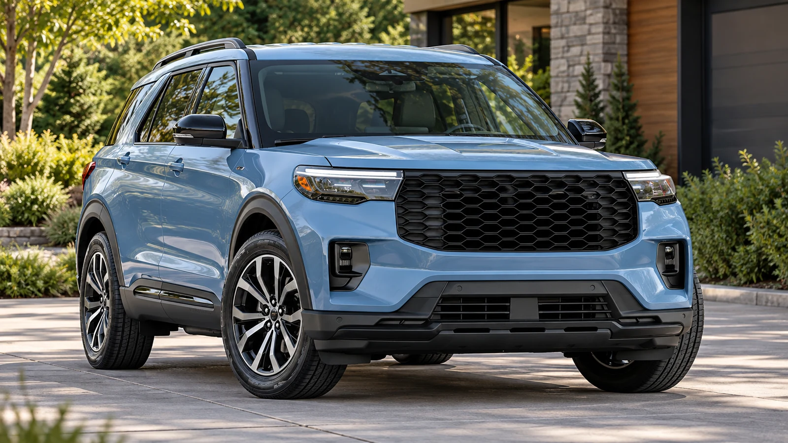 AI-generated editorial illustration of a blue Ford Explorer ST-Line parked on a driveway