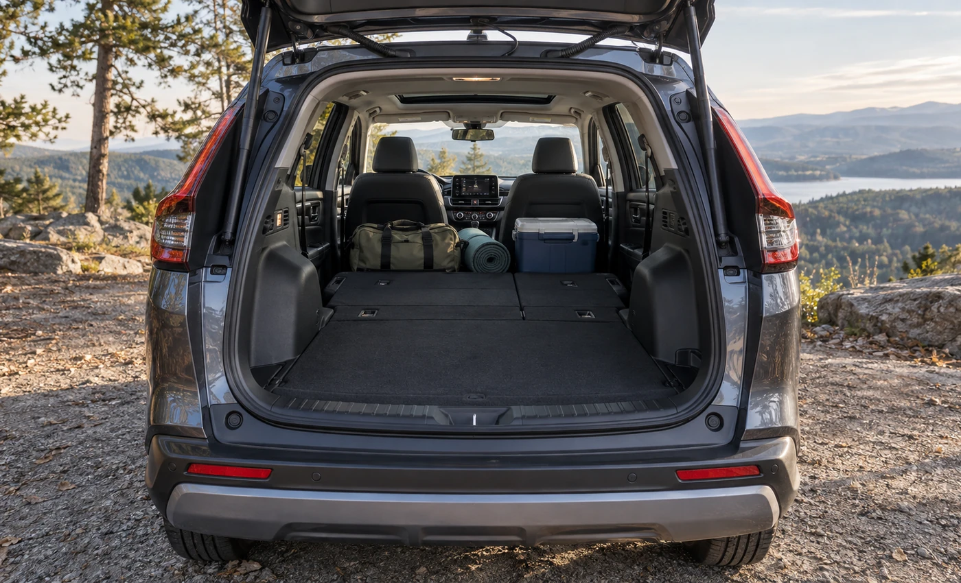 Honda CR-V-style cargo area viewed through the open hatch with rear seats folded