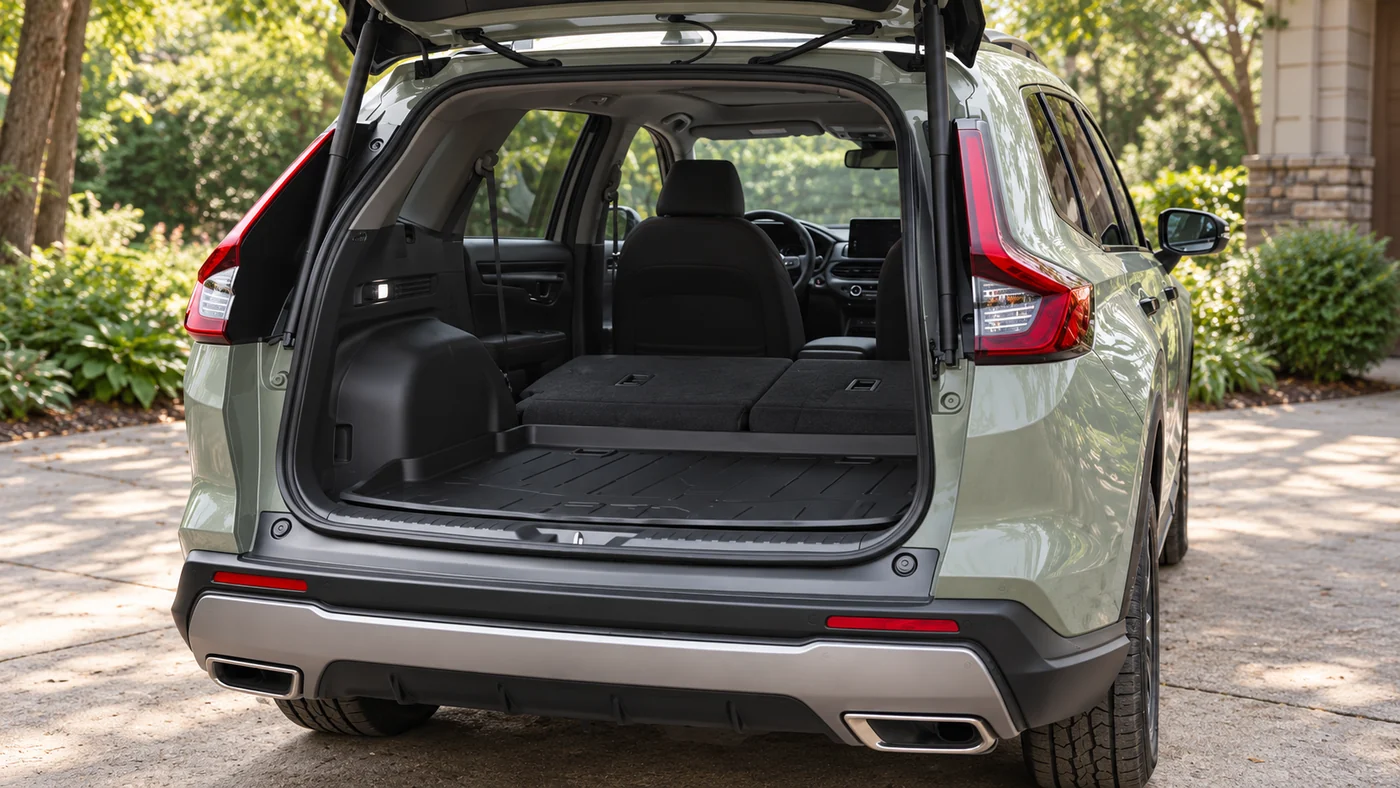 AI-generated illustration of a pale green 2026 Honda CR-V TrailSport Hybrid with its hatch open and rear seats folded