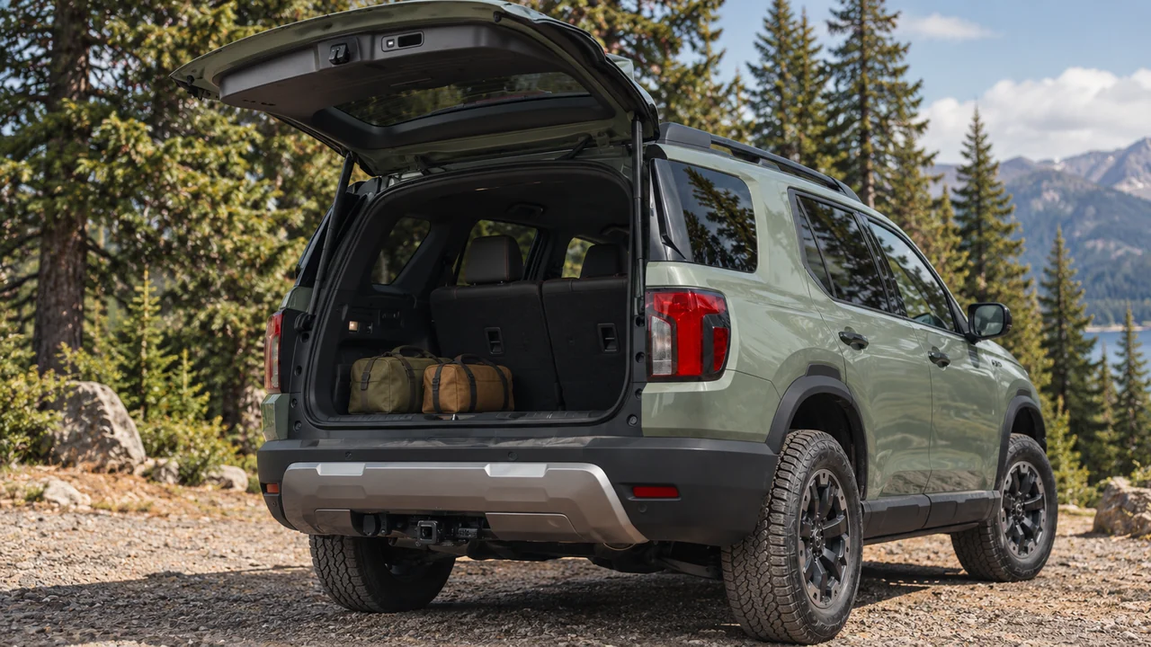 AI-generated illustration of a 2027 Passport TrailSport Elite with an open liftgate and two small travel bags