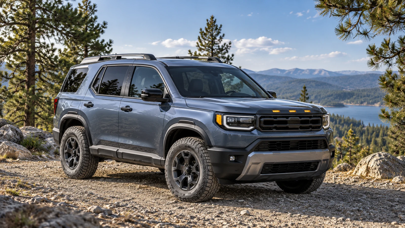 AI-generated editorial illustration of a Honda Passport TrailSport at a forest overlook