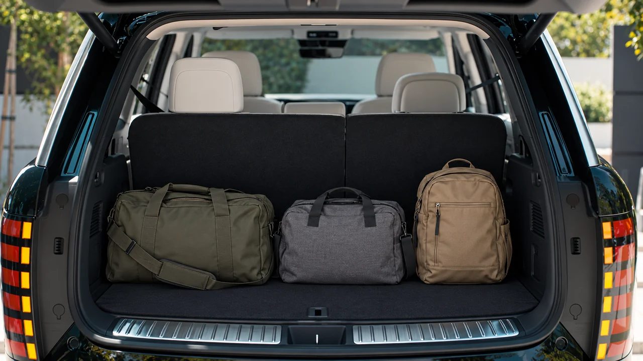 AI-generated illustration of a redesigned Palisade's open cargo area with three modest travel bags