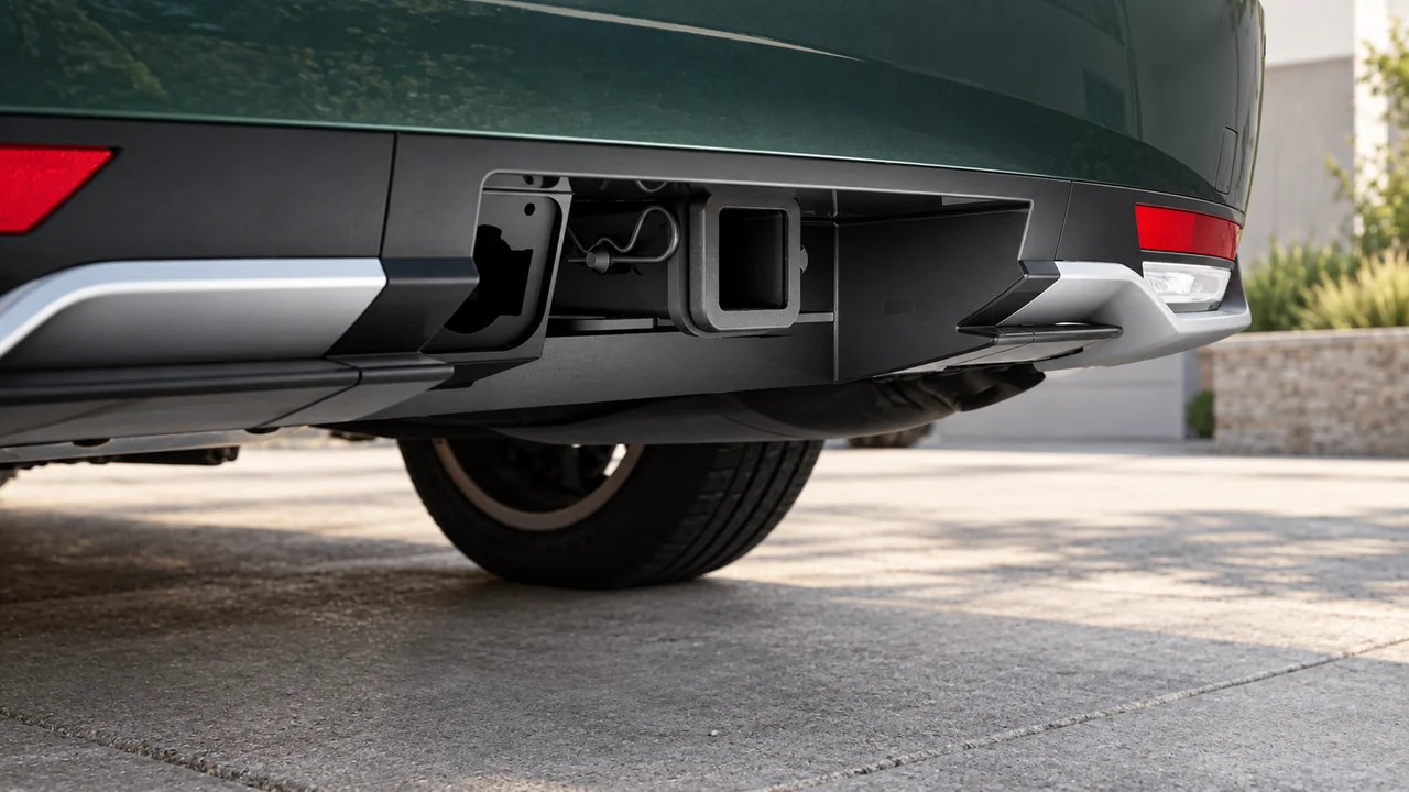 AI-generated close-up illustration of a redesigned Palisade's empty integrated rear hitch receiver
