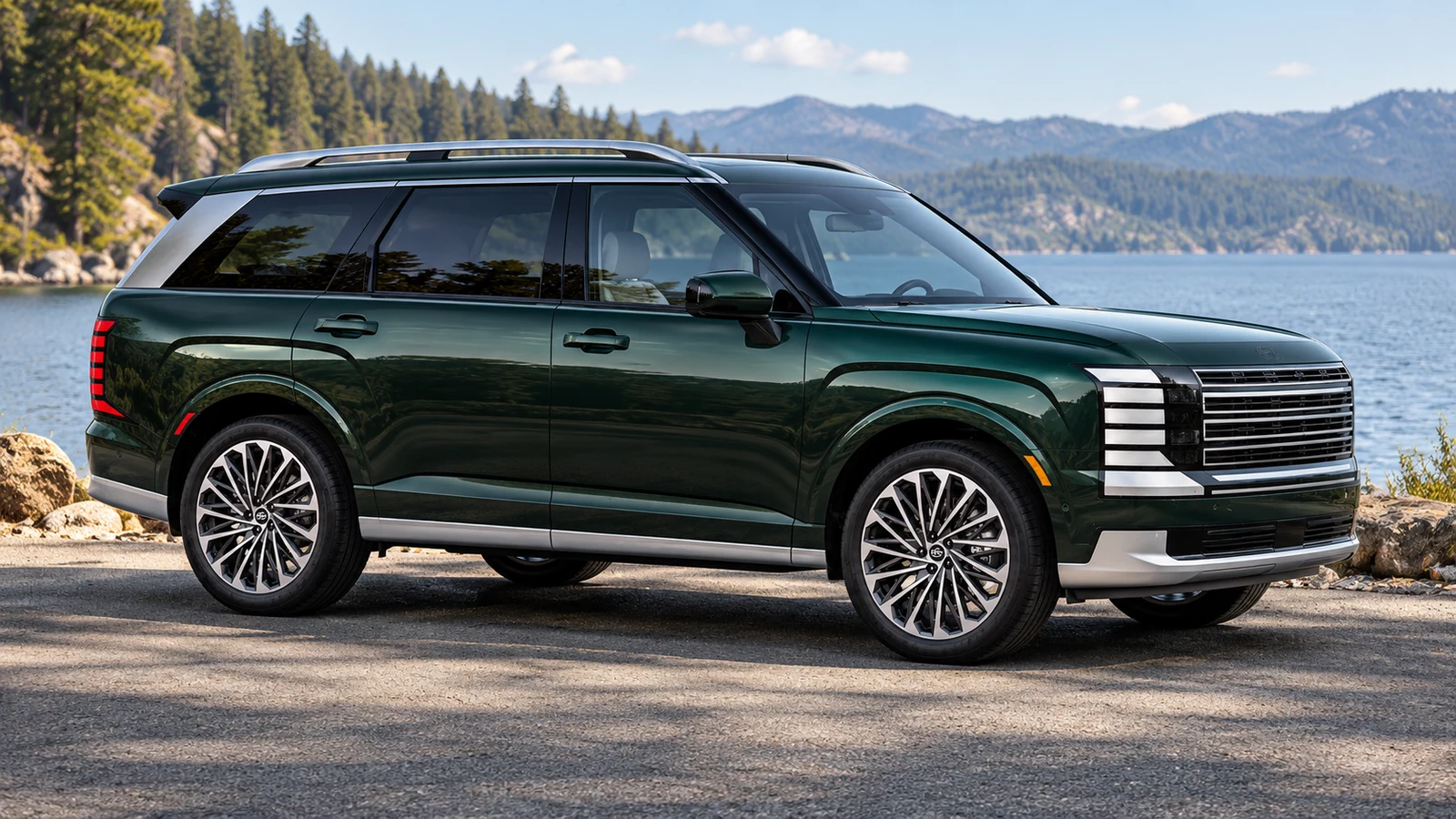 AI-generated editorial illustration of a green Hyundai Palisade parked beside a lake