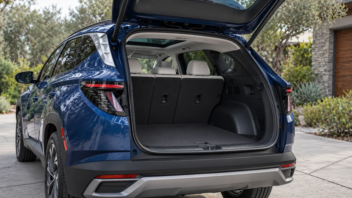 AI illustration showing the rear hatch aperture and loading sill of a blue Tucson
