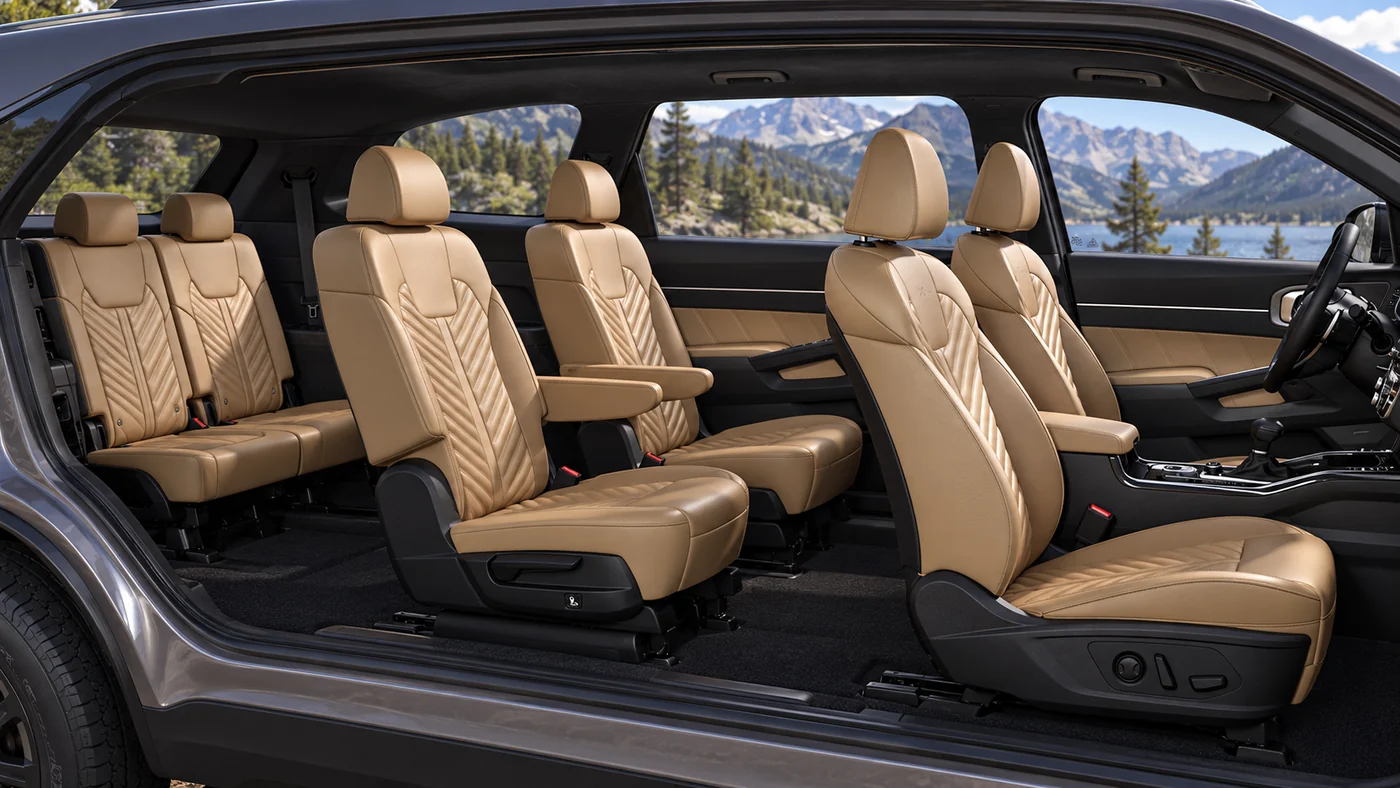 AI cutaway-style illustration of three Sorento seating rows with two second-row captain chairs