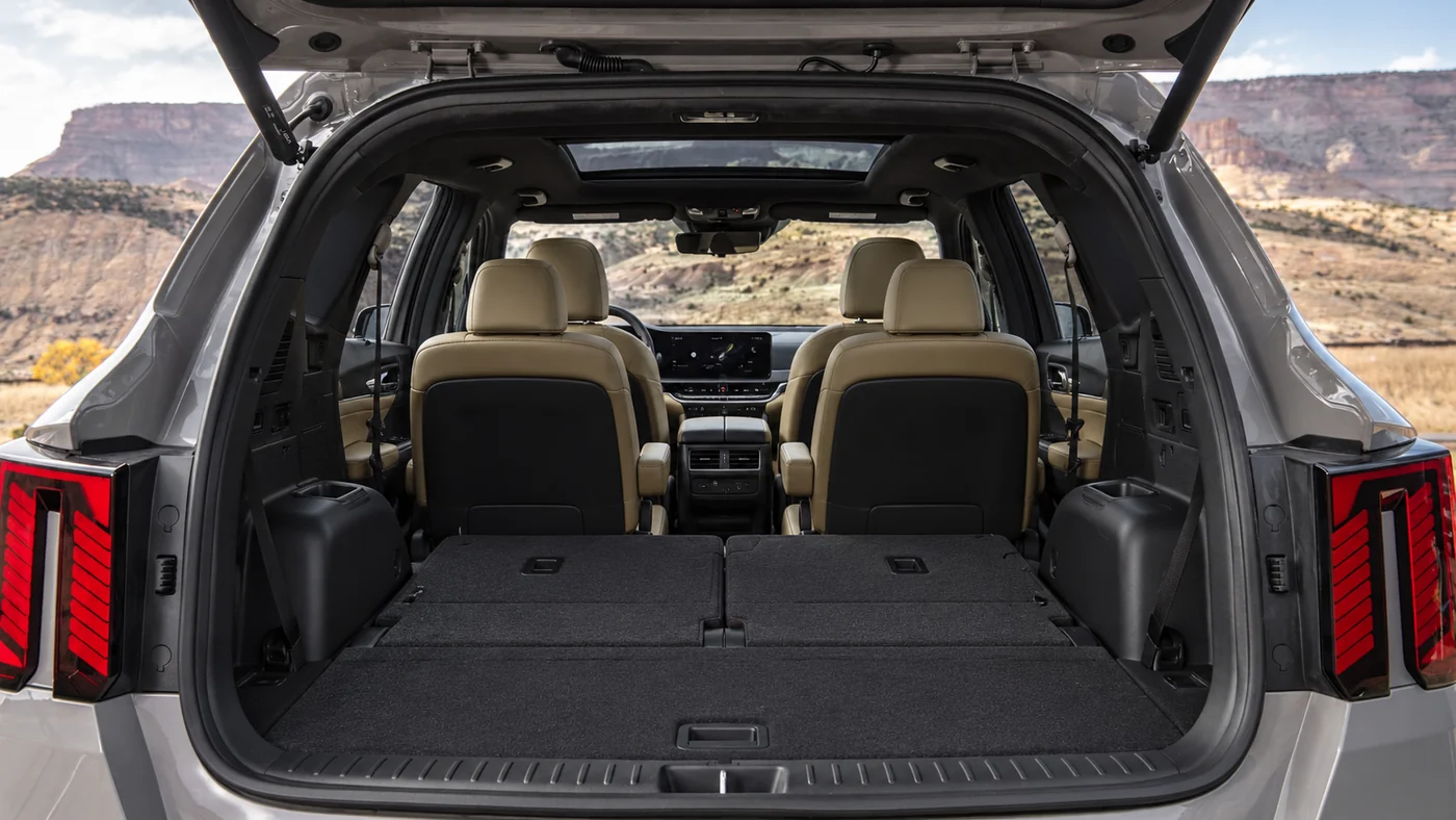 AI illustration of Sorento cargo behind upright second-row captain chairs with the third row folded