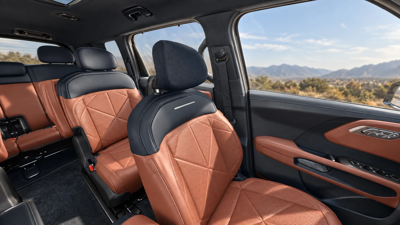 AI-generated editorial illustration of a 2027 Kia Telluride three-row cabin with two-tone upholstery