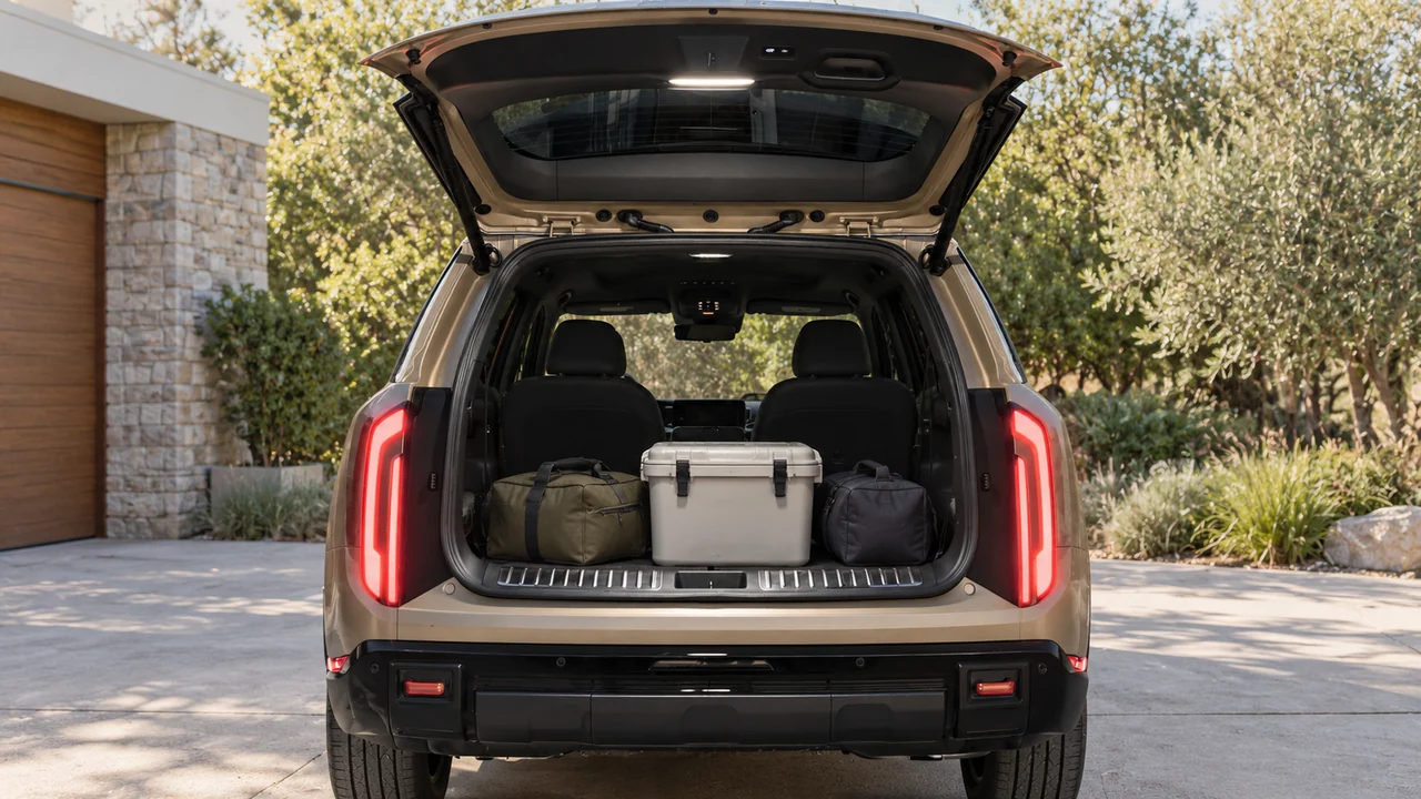 AI-generated illustration of a 2027 gasoline Telluride X-Pro's open cargo area with a small cooler and travel bags