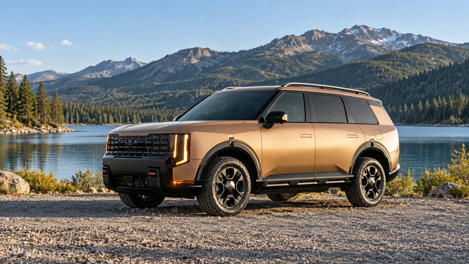 AI-generated editorial illustration of a bronze Kia Telluride at a lakeside turnout