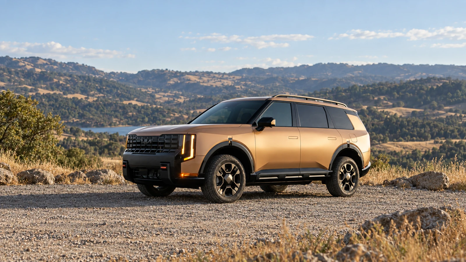 AI-generated editorial illustration of a bronze 2027 Kia Telluride at a gravel overlook