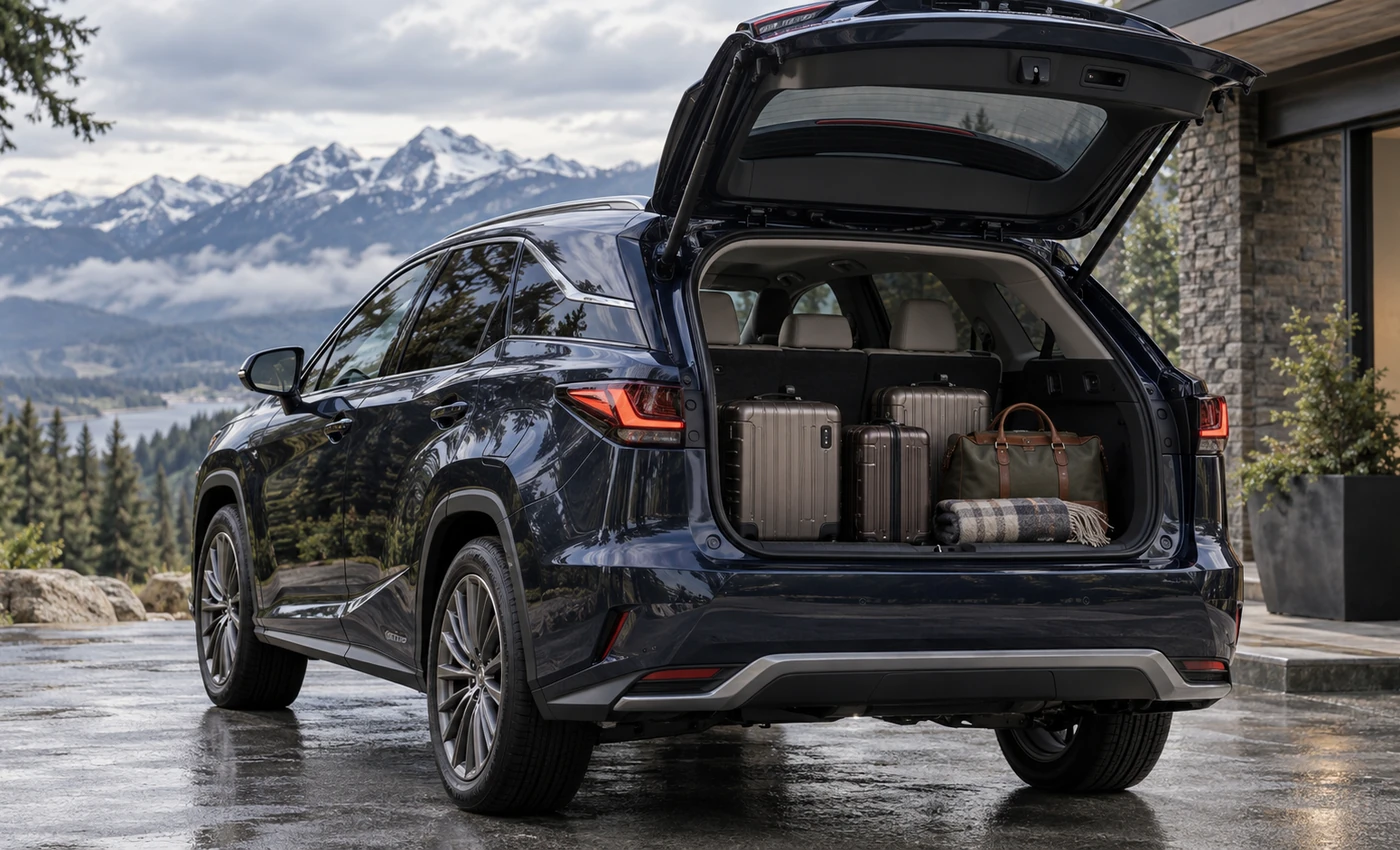 Lexus RX-style SUV with the rear hatch open and luggage in the cargo area