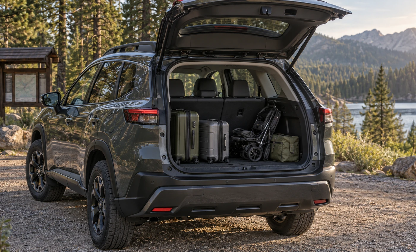 Nissan Rogue-style SUV with the rear hatch open and cargo area visible