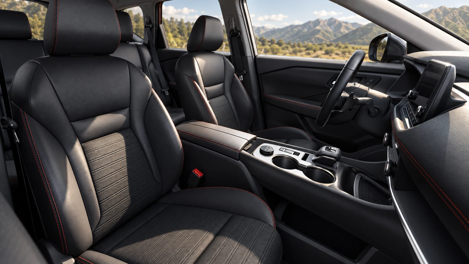 AI-generated editorial illustration of a black 2027 Nissan Rogue front cabin with contrast stitching