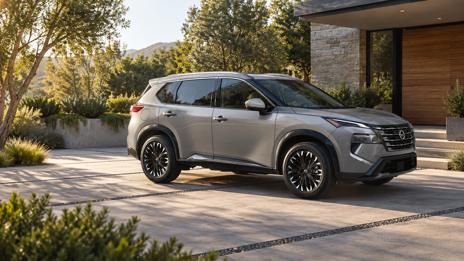 AI-generated editorial illustration of a silver 2027 Nissan Rogue parked on a landscaped driveway