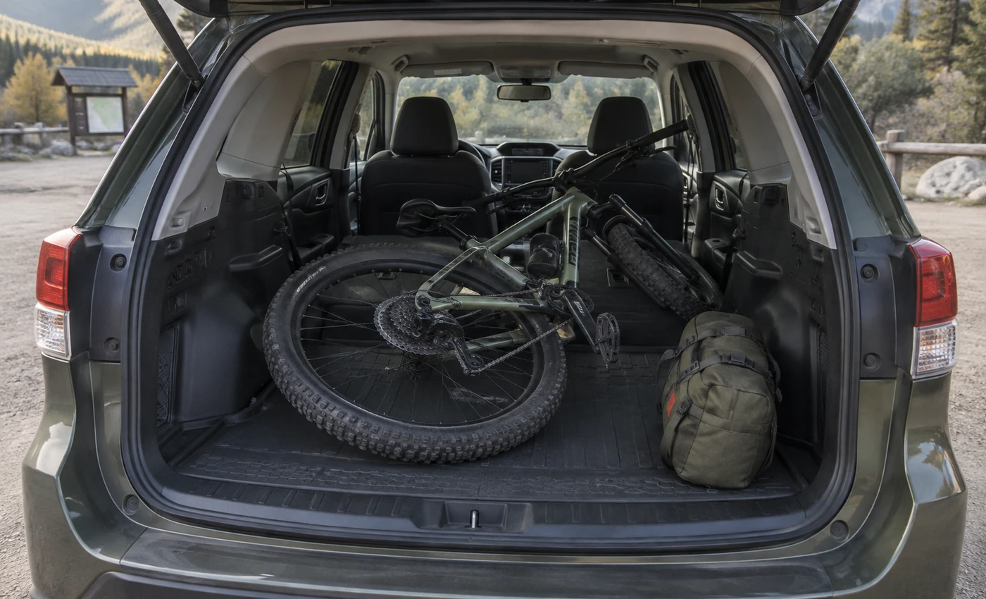 Subaru Forester-style cargo area with the rear seats folded and a bicycle loaded