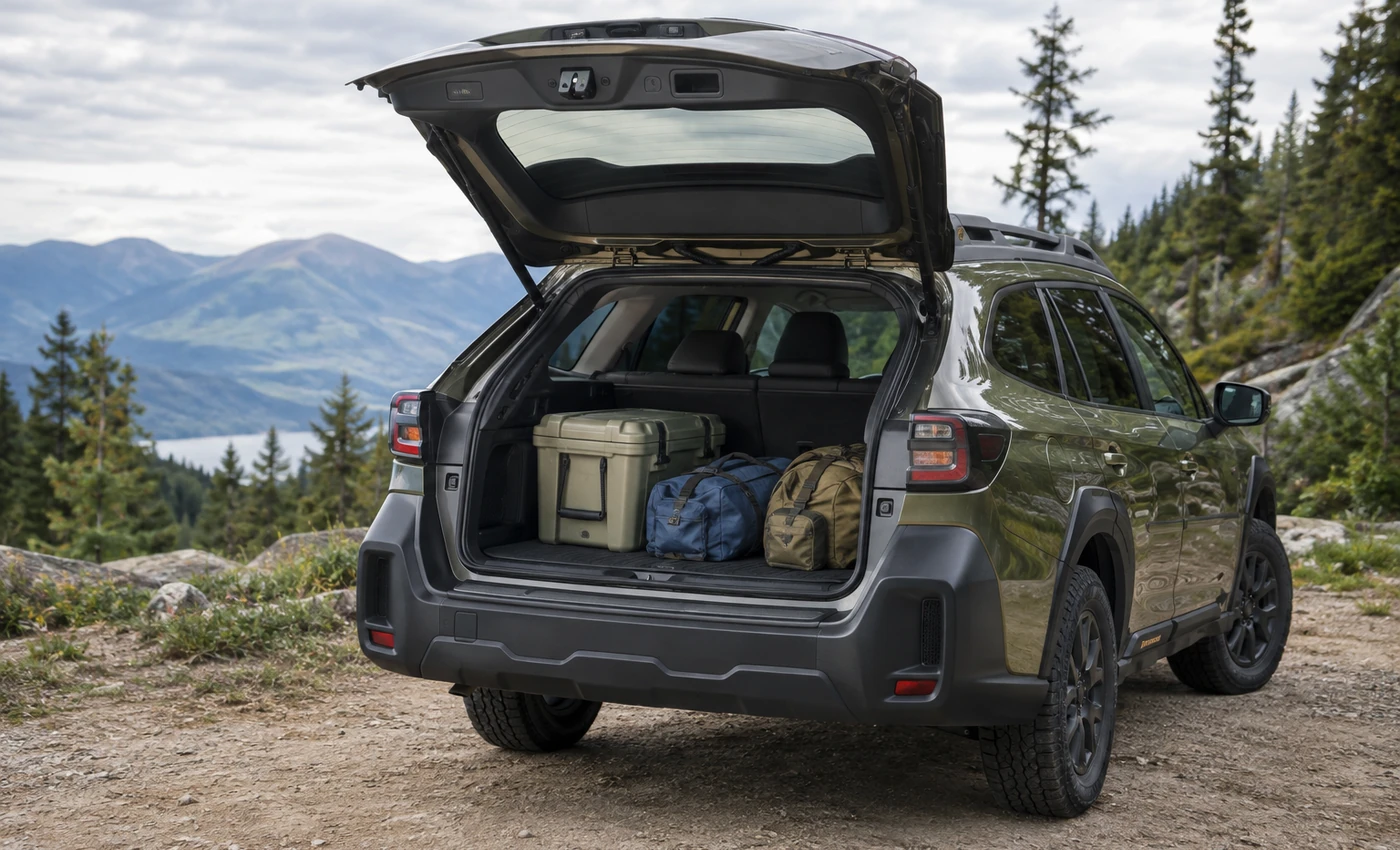 Subaru Outback-style crossover with the rear hatch open and luggage in the cargo area