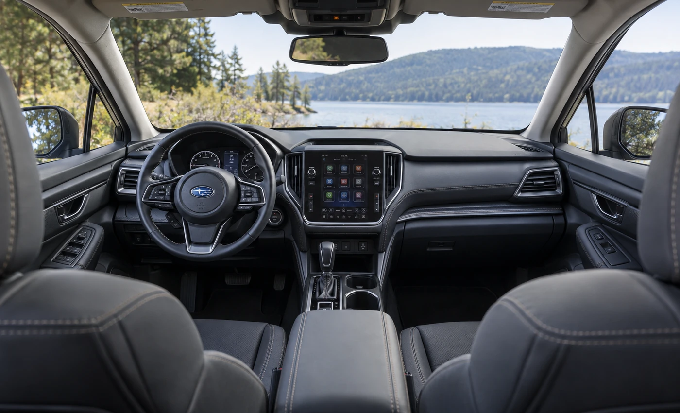 Subaru Outback-style front cabin and dashboard viewed from the second row