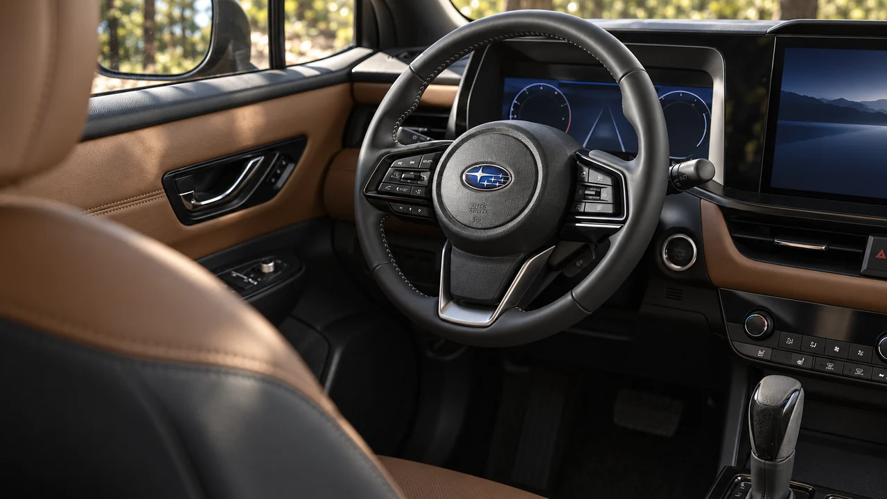 AI-generated illustration of the 2026 Outback Touring Java Brown cabin and driver-side dashboard