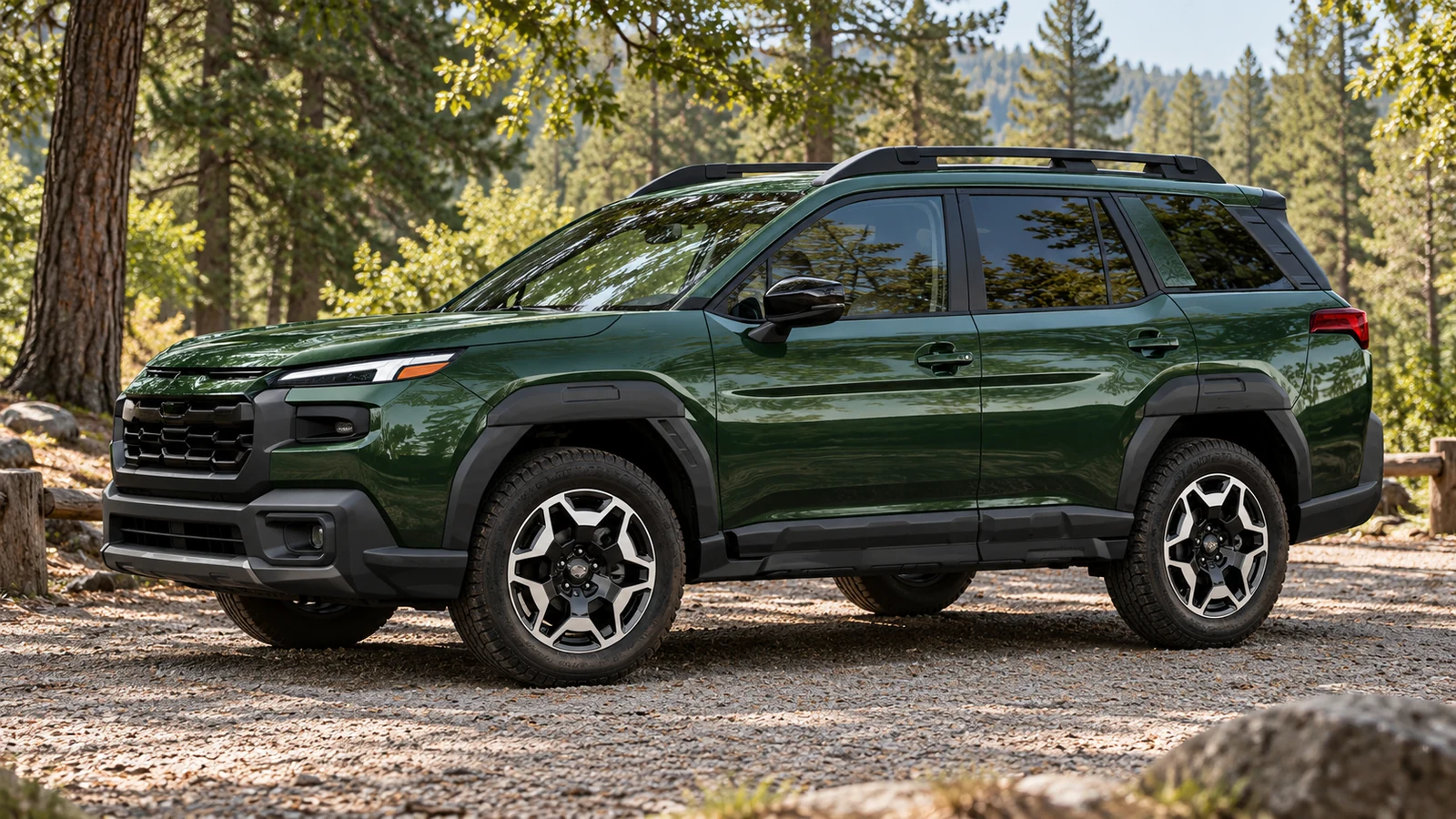 AI-generated editorial illustration of a green redesigned Subaru Outback in a wooded area
