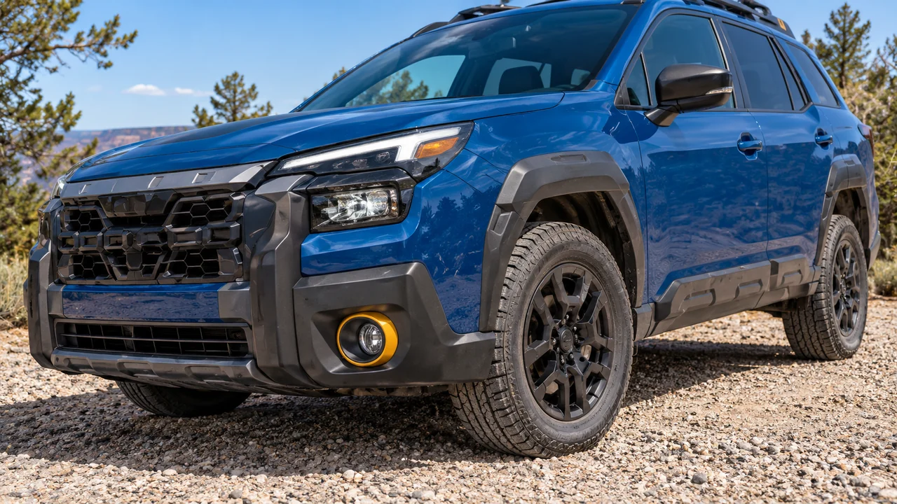 AI-generated detail illustration of a blue 2026 Outback Wilderness front wheel, tire and protective cladding