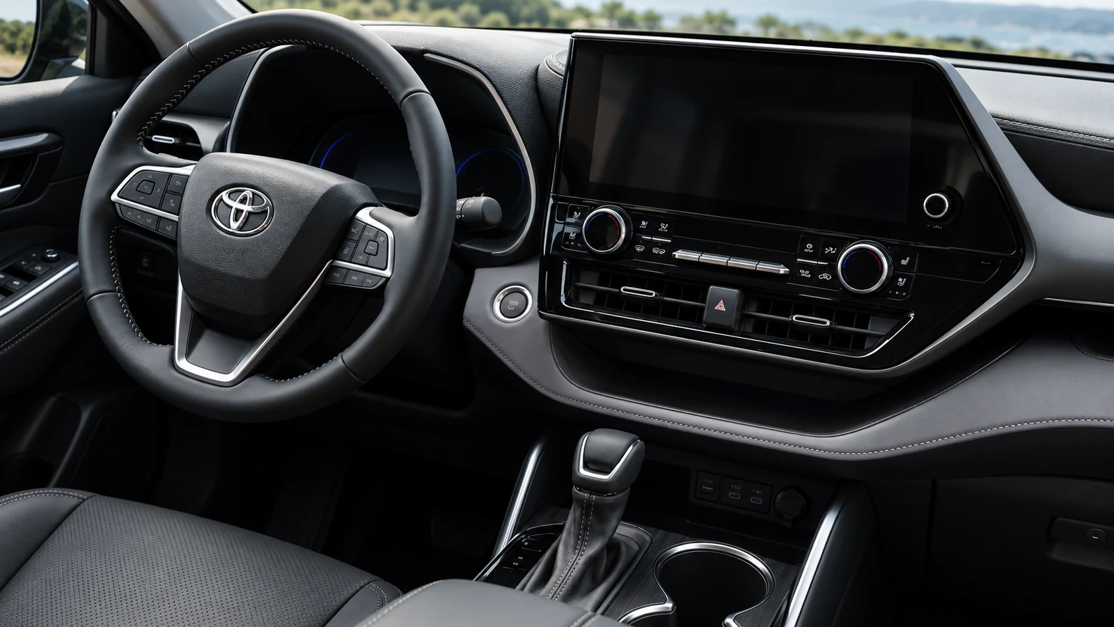 Graphite dashboard and front seats in a 2026 Toyota Highlander Hybrid Limited