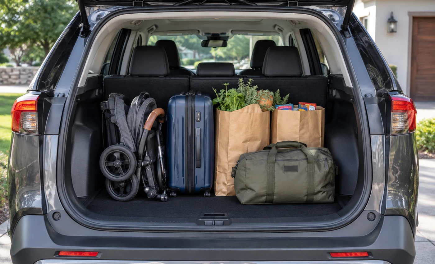 Toyota RAV4-style cargo area with rear seats upright and family luggage
