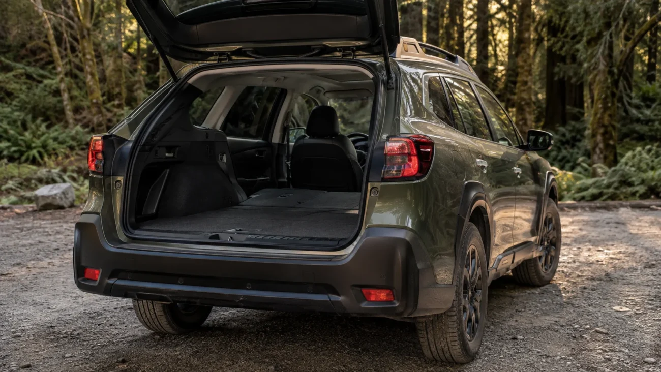 Green adventure wagon with an open rear hatch and folded seats at a wooded trailhead